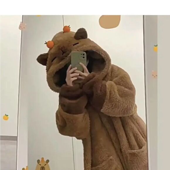 NWOT Cozy Brown Bear Hoodie Robe with Orange Accents - Picture 4 of 12